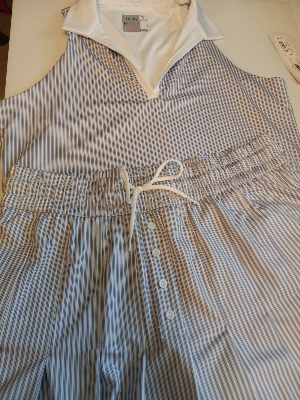 Lucky in Love White and Light Blue Pinstripe Sleeveless Collared Dress